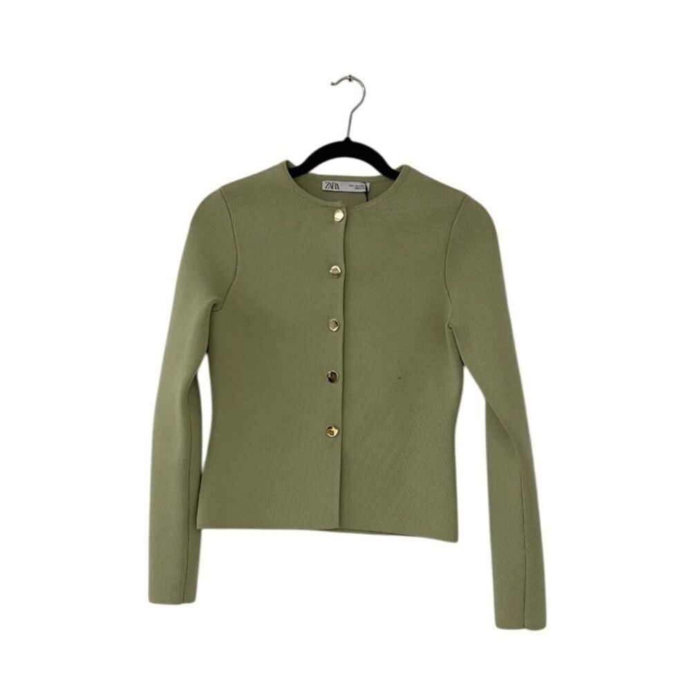 Zara Womens Fitted Knit Cardigan Small Sage Green Button Front 4192/003 NWT